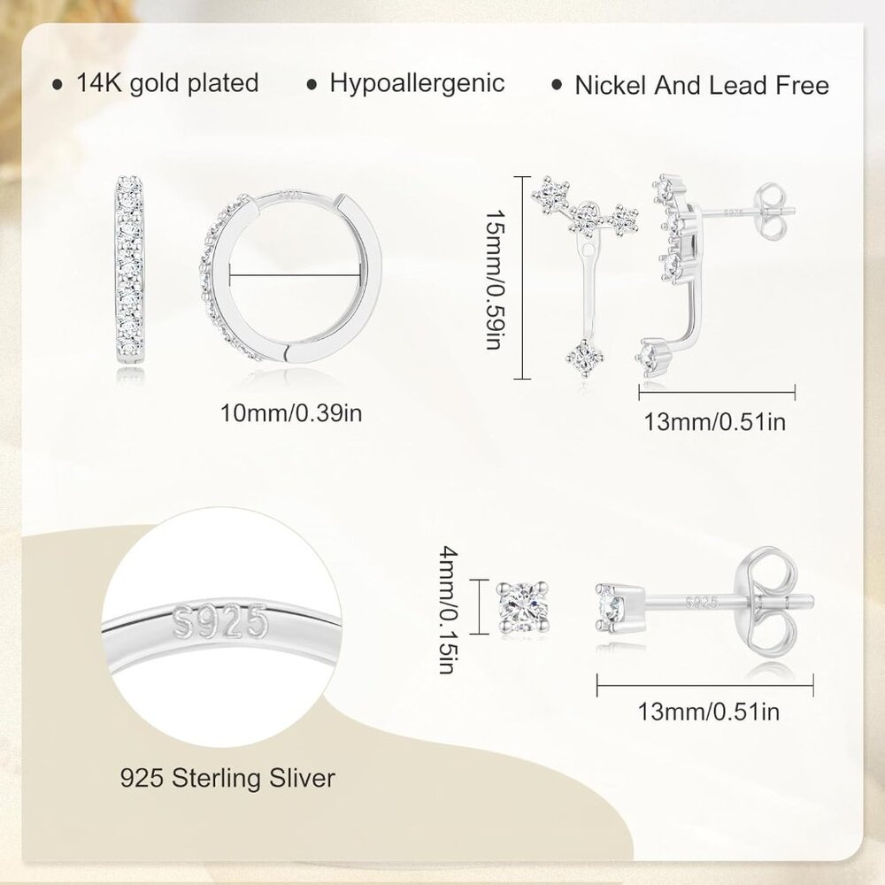 Sterling silver Earrings Set for Women, 14K gold plated Earrings Girls, 3 Pairs - Picture 6 of 7